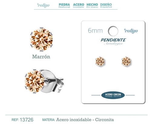 [13726] Pendiente redondo de circonita marrón 6mm con base de acero plateado - Joyería de circonita