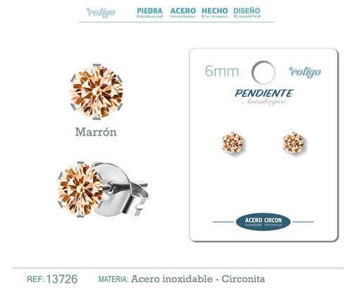 [13726] Pendiente redondo de circonita marrón 6mm con base de acero plateado - Joyería y accesorios elegantes