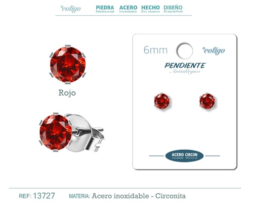 [13727] Pendiente redondo de circonita rojo 6mm con base de acero plateado - Joyería de circonita