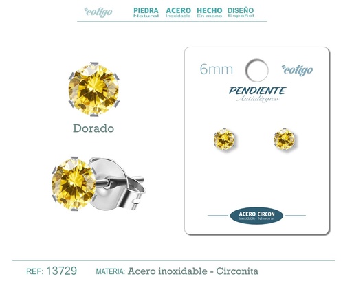 [13729] Pendiente redondo de circonita dorada 6mm con base de acero plateado - Joyería y accesorios elegantes