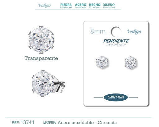 [13741] Pendiente redondo de circonita transparente 8mm con base de acero plateado - Joyería y accesorios elegantes