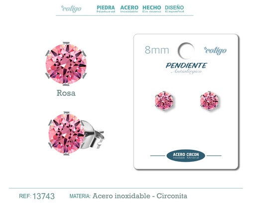 [13743] Pendiente redondo de circonita rosa 8mm con base de acero plateado - Joyería y accesorios elegantes