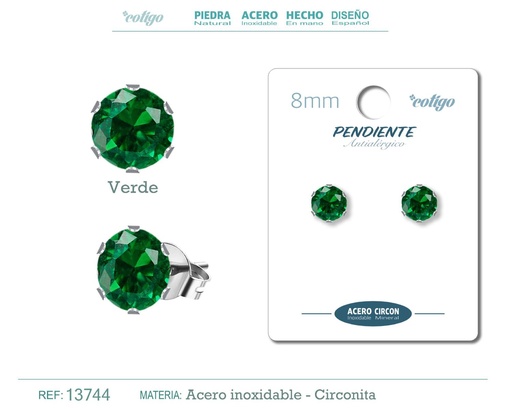 [13744] Pendiente redondo de circonita verde 8mm con base de acero plateado - Joyería y accesorios elegantes