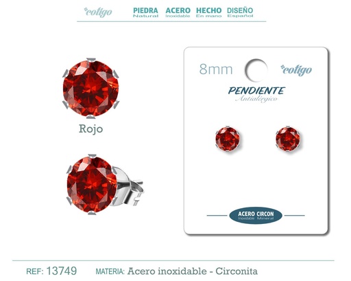 [13749] Pendiente redondo de circonita roja 8mm con base de acero plateado - Joyería y accesorios elegantes