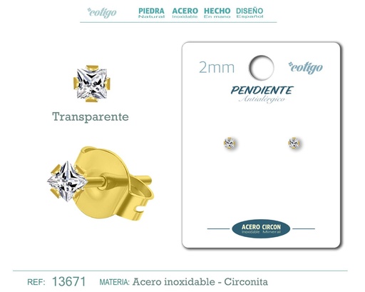 [13671] Pendiente cuadrado de circonita transparente 2mm con base de acero dorado - Joyería y accesorios elegantes