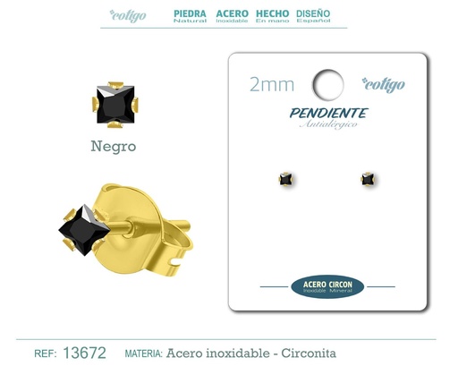 [13672] Pendiente cuadrado de circonita negra 2mm con base de acero dorado - Joyería y accesorios elegantes