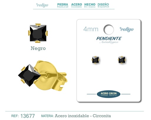 [13677] Pendiente cuadrado de circonita negra 4mm con base de acero dorado - Joyería y accesorios elegantes