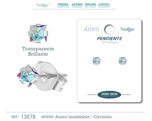 [13678] Pendiente cuadrado de circonita brillante 4mm con base de acero dorado - Joyería y accesorios elegantes