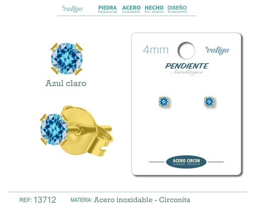 [13712] Pendiente redondo de circonita azul claro 4mm con base de acero dorado - Joyería y accesorios elegantes