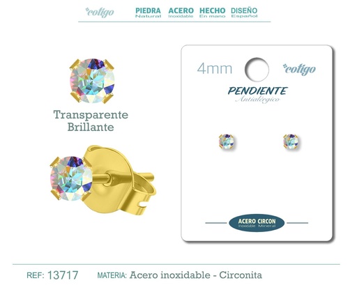 [13717] Pendiente redondo de circonita brillante 4mm con base de acero dorado - Joyería y accesorios elegantes