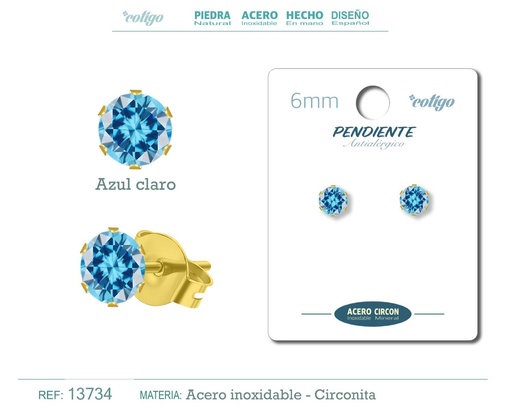 [13734] Pendiente redondo de circonita azul claro 6mm con base de acero dorado - Joyería y accesorios elegantes