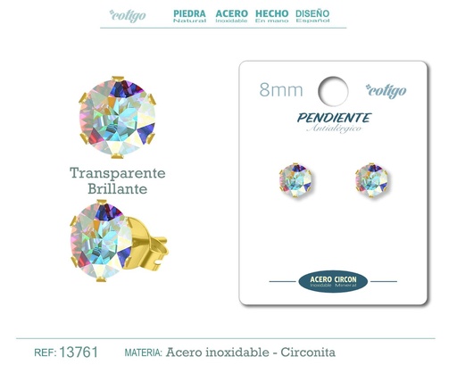 [13761] Pendiente redondo de circonita brillante 8mm con base de acero dorado - Joyería y accesorios elegantes