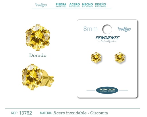 [13762] Pendiente redondo de circonita dorada 8mm con base de acero dorado - Joyería y accesorios elegantes