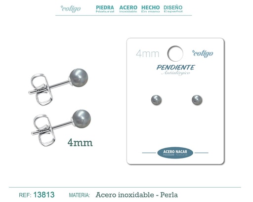 [13813] Pendiente de acero con perla nácar 4mm gris - Joyería y accesorios elegantes