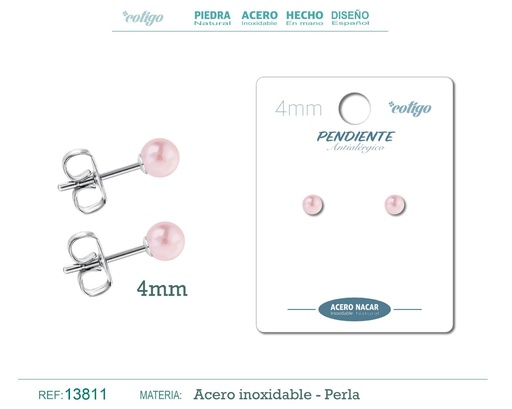 [13811] Pendiente de acero con perla nácar 4mm rosa - Joyería y accesorios elegantes