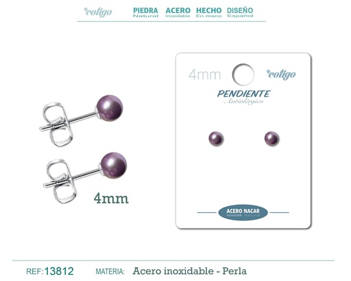 [13812] Pendiente de acero con perla nácar 4mm violeta - Joyería y accesorios elegantes