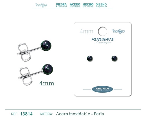 [13814] Pendiente de acero con perla nácar 4mm negro - Joyería y accesorios elegantes