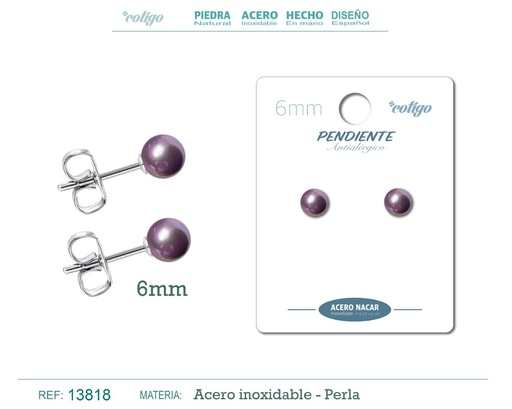 [13818] Pendiente de acero con perla nácar 6mm violeta - Joyería y accesorios elegantes