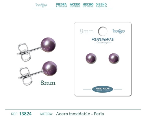 [13824] Pendiente de acero con perla nácar 8mm violeta - Joyería y accesorios elegantes