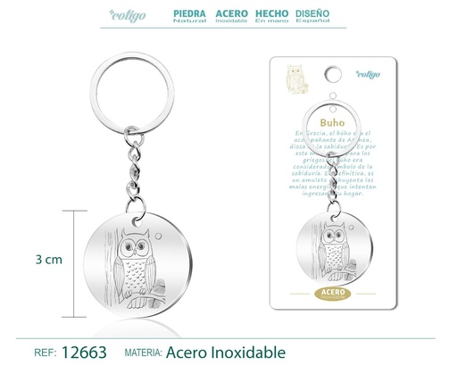 [12663] Llavero de Acero con Símbolo de Suerte Búho - Accesorios de sabiduría y protección