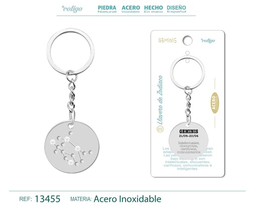 [13455] Llavero de Acero con Zodiaco Géminis - Accesorios astrológicos y de personalidad