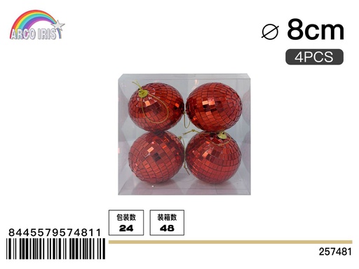 [257481] Bola de espejo rojo 8cm 4pcs/PVC caja - Adornos navideños