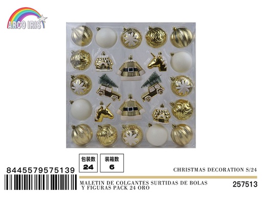 [257513] Maletín de colgantes surtidos de bolas y figuras pack 24 oro - Adornos navideños