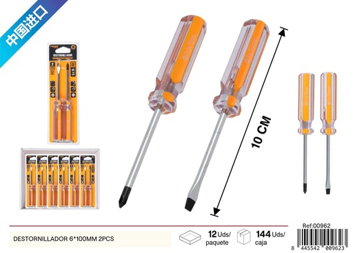 [00962] Destornillador con mango cristal 6*100mm 2 pcs - Herramientas de ferretería y destornilladores