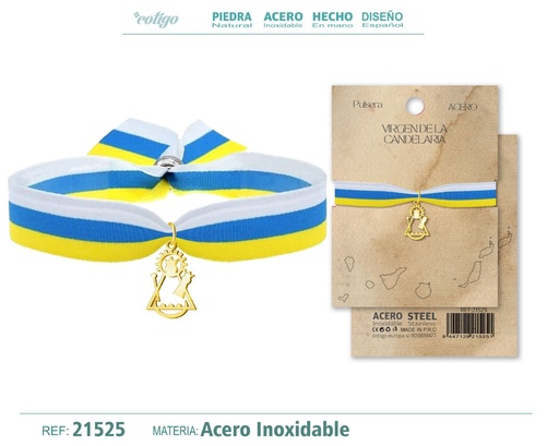 [21525] Pulsera cinta Bandera Canarias con colgante Virgen de la Candelaria acero dorado - Tradición y simbología