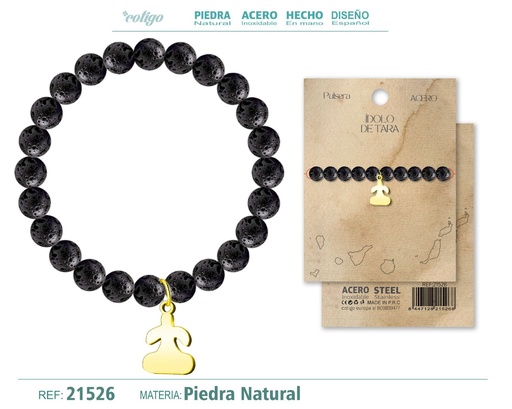 [21526] Pulsera piedra volcánica con colgante Ídolo de Tara acero dorado - Combina naturaleza y cultura