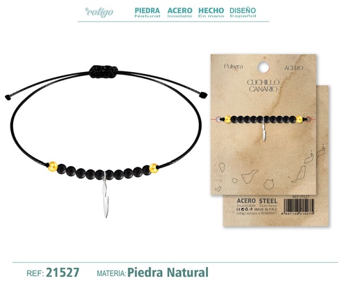 [21527] Pulsera piedra volcánica con colgante Cuchillo Canario acero plateado - Joyería representativa