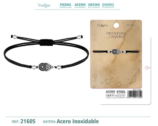 [21605] Pulsera hilo encerado con Pintadera Canarias acero plateado - Joyería con significado