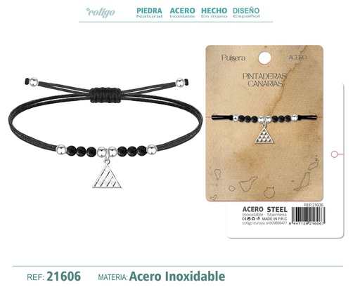 [21606] Pulsera hilo encerado con Pintadera Canarias acero plateado - Joyería que representa la tradición