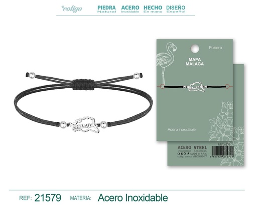 [21579] Pulsera hilo encerado con Mapa de Málaga acero plateado - Representación local