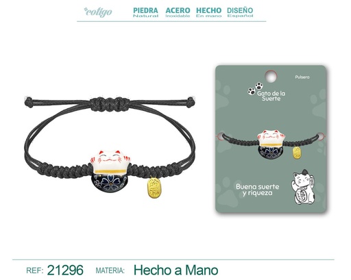 [21296] Pulsera de Hilo Encerado con Gato de la Suerte - Amuletos de Suerte y Protección