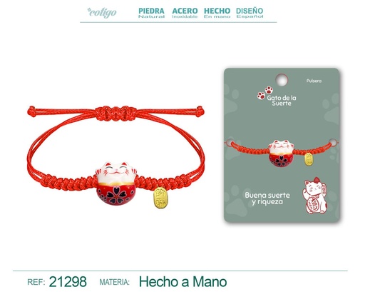 [21298] Pulsera de Hilo Encerado con Gato de la Suerte - Amuletos de Suerte y Protección