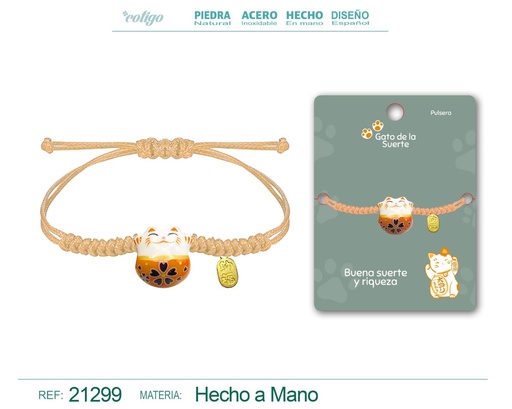 [21299] Pulsera de Hilo Encerado con Gato de la Suerte - Amuletos de Suerte y Protección