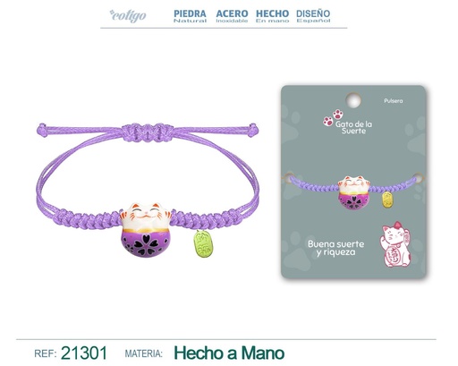 [21301] Pulsera de Hilo Encerado con Gato de la Suerte - Amuletos de Suerte y Protección