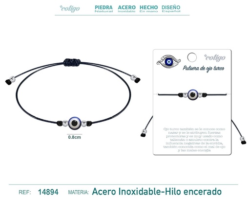 [14894] Pulsera de Hilo Encerado Negro con Ojo Turco - Joyería de Protección