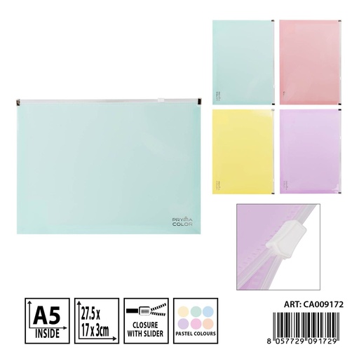 [0237216] Porta documentos con zip pastel A5 27.5x17x3cm - Artículos de papelería