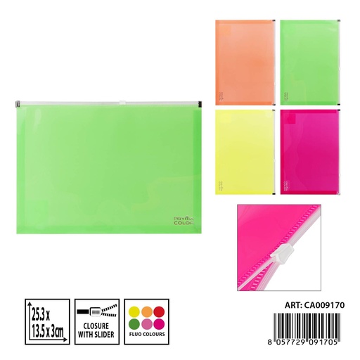 [0237214] Porta documentos con zip fluo 25.3x13.5x3cm - Artículos de papelería