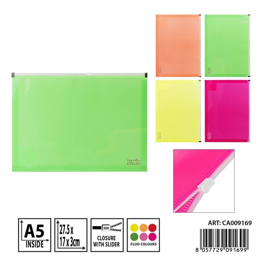 [0237213] Porta documentos con zip fluo A5 27.5x17x3cm - Artículos de papelería