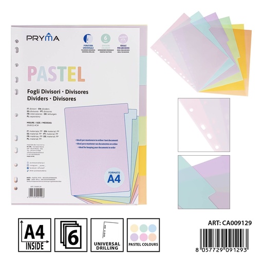 [0237447] Separadores de índice 6 páginas 0.13mm pastel - Material escolar