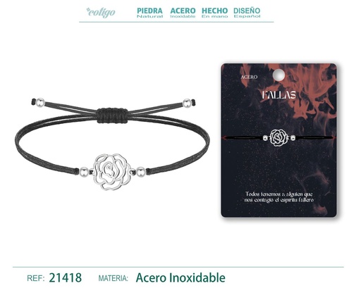 [21418] Pulsera de hilo encerado con flor de clavel en acero plateado - Joyería y accesorios