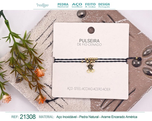 [21308] Pulsera de hilo encerado con colgante Oso en acero dorado - Joyería y amuletos