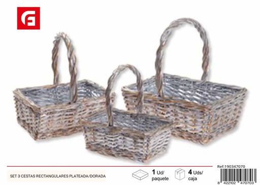 [190347070] Set de 3 cestas rectangulares plateadas/doradas - Almacenamiento decorativo