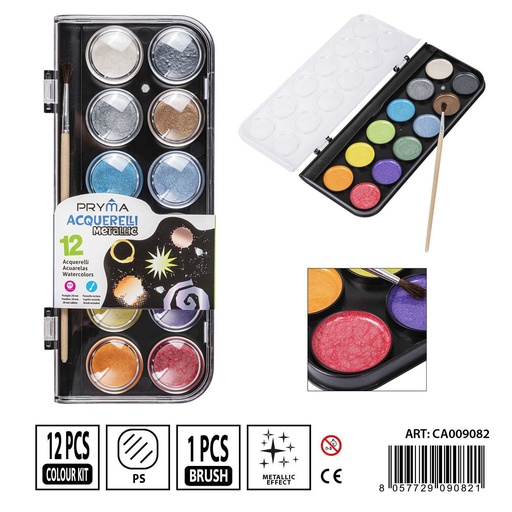 [0236942] Acuarelas 12 colores metálicos + pincel - Materiales para arte