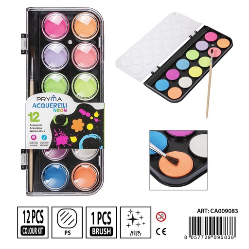 [0236943] Acuarelas 12 colores fluo + pincel - Materiales para arte