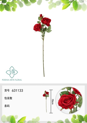 [631133ROJO] Rama de rosa en ángulo redondo de 70 cm color rojo - Decoración floral de rosas