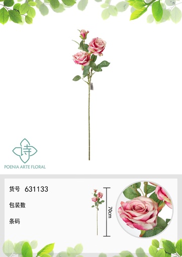 [631133FUSIA] Ramo de flores artificiales - Rosa en 3 cabezas 70 cm en rosa oscuro